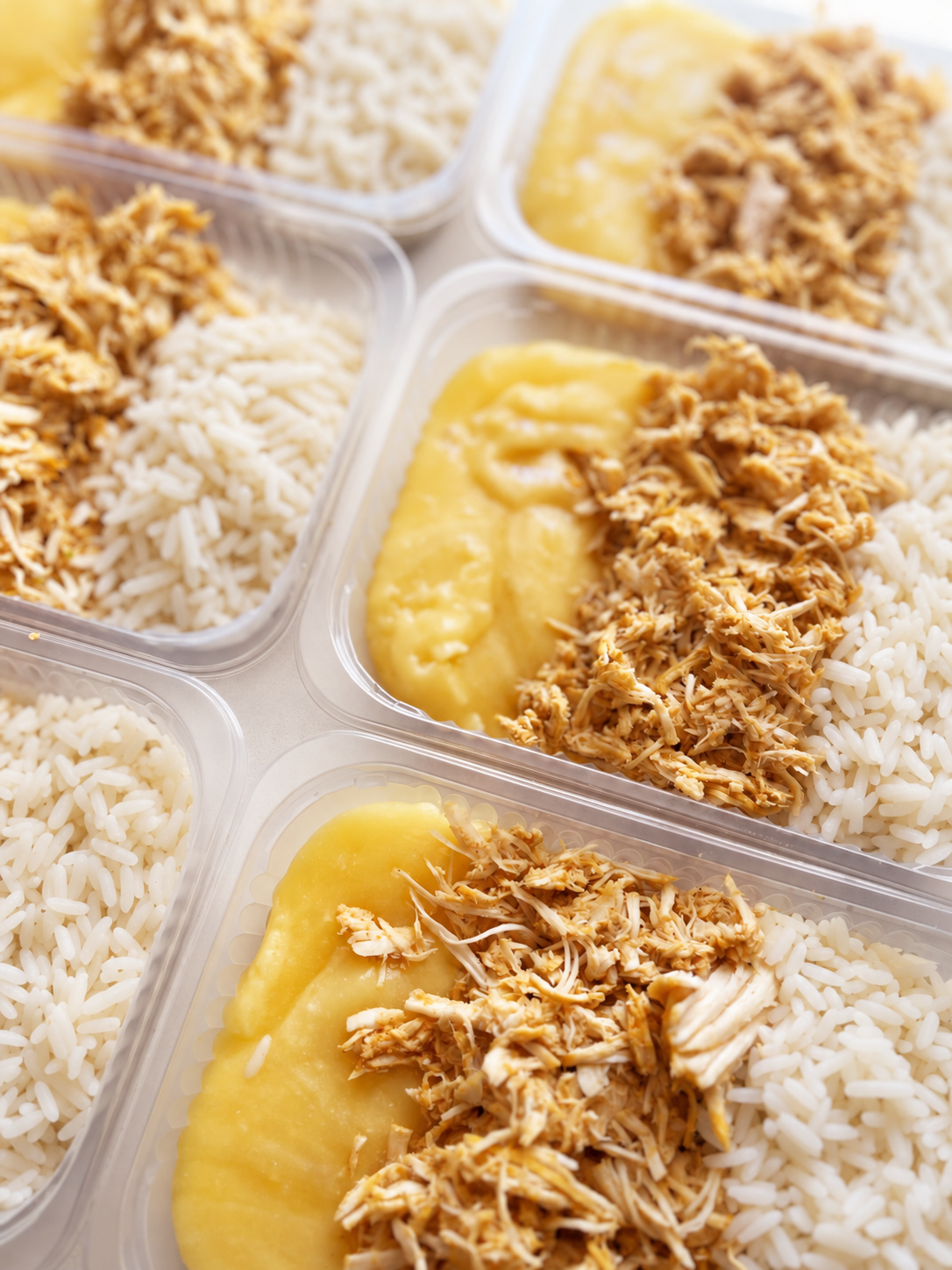 Frango desfiado (110g), purê de aipim (150g), arroz branco (90g) - prato sem glúten
