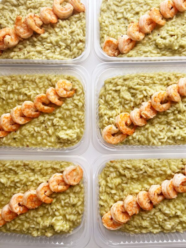 Camarões (8 unds.) com risoto ao pesto - prato sem glúten (350g)
