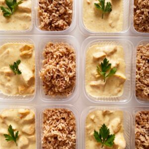 Frango ao creme de queijo minas (200g), arroz sete grãos (150g) – prato sem glúten