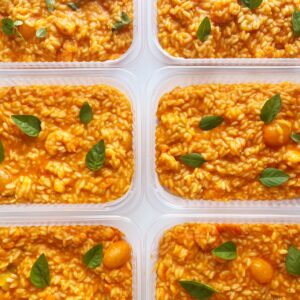 Risoto Amalfitano: de tomates com camarões e manjericão fresco – prato sem glúten (350g)