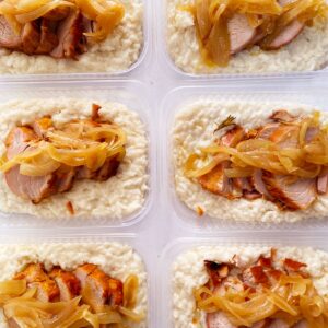 Arroz à piamontese (230g) com filé mignon suíno acebolado (120g) – prato sem glúten