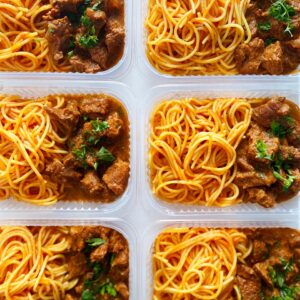 Músculo de panela (150g), spaghetti sem glúten (200g) – prato sem glúten/lactose