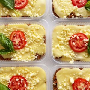 Escondidinho italiano de carne (130g) com purê de batata, tomate, manjericão e mussarela (220g) – prato sem glúten