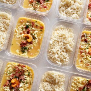 APENAS 24H NO VALOR DO KIT 🗣️ Camarão Supreme com bacon e queijos (230g), arroz branco (120g) – prato sem glúten