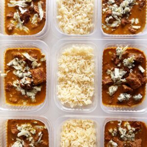Carne de panela cremosa ao gorgonzola (200g), arroz branco (130g) – prato sem glúten